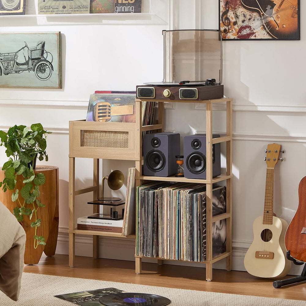 LELELINKY Record Player Stand, Natural Oak Wood Record Holder with Vinyl Stor...