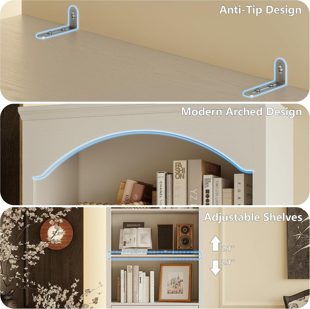 71" h tall bookshelf with drawers, arched book showing dimensions