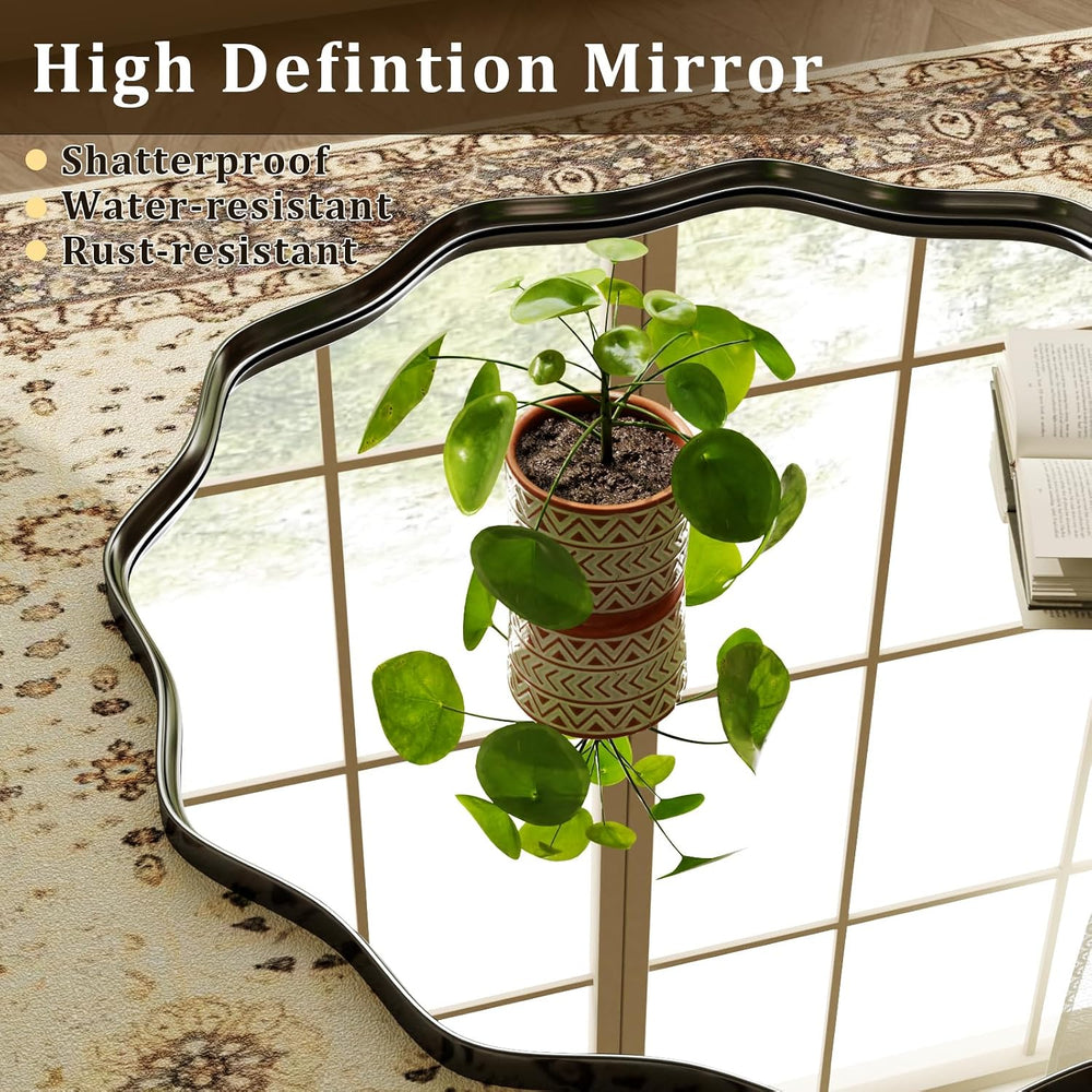 24" Decorative Scalloped Round Wall Mirror, Wavy Metal Deep Frame, Black