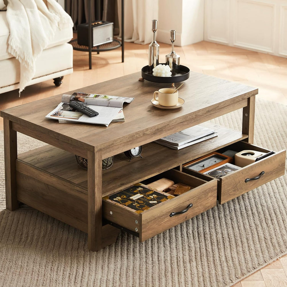 LINSY Farmhouse Coffee Table, Rectangle Coffee Table with Drawers, Rustic Woo...