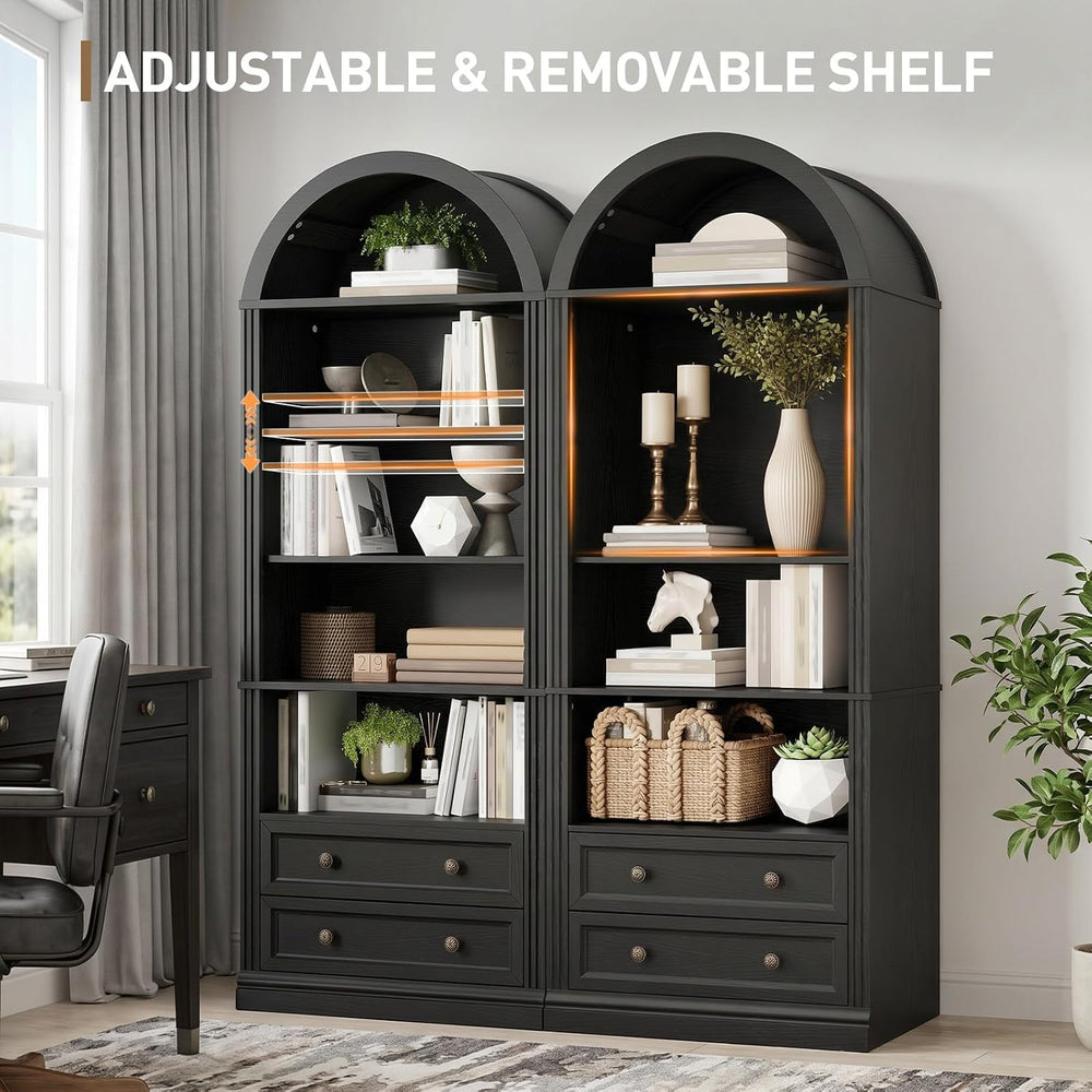 RALGEND Farmhouse Arched Bookshelf, 7 Tiers Arch Bookcase with 2 Drawers
