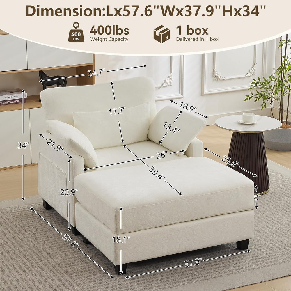 WUTUTUEE 57.5" Oversized Chaise Lounge with Ottoman Indoor, White Readin...