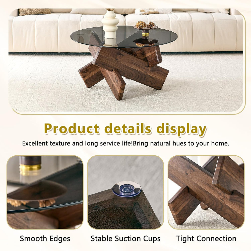 Round Gray Glass Coffee Table, 33.4-Inch Tempered Glass Top
