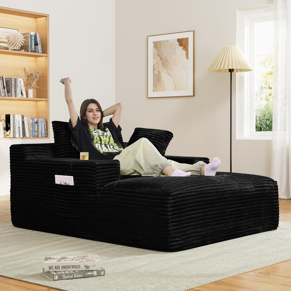 68" Oversized Boneless Chaise Lounge Chair Indoor with Cup Holders,Black