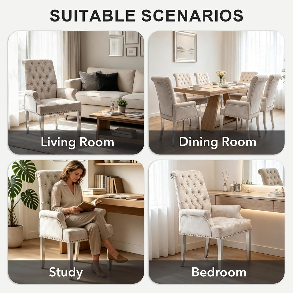 Velvet Dining Chairs with Arms, Upholstered Dining Room Chairs, Beige
