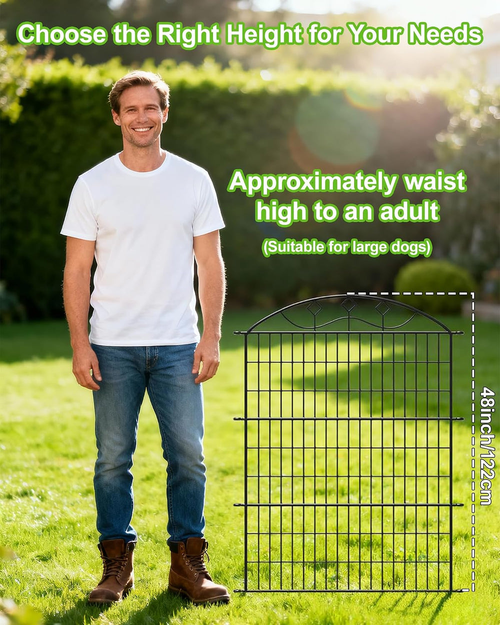 48in Extra Tall Garden Fence, 10-Panel Metal Animal Barrier, 24ft Long No Dig...