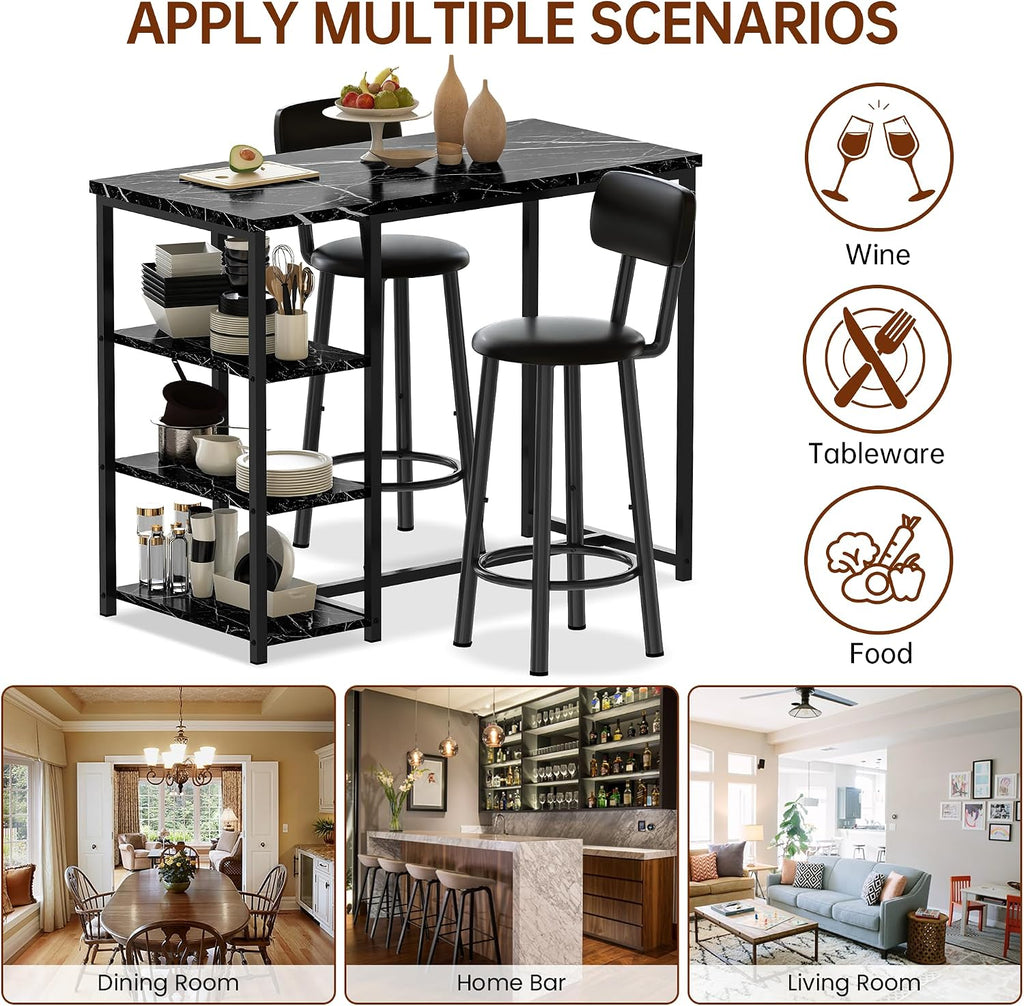 Kitchen Dining Table Set for 2, Bar Table and Chairs Set with 3 Storage Shelves, Tall Dining with 2 PU Leather Backrest Stools for Small Space, Kitchen Island, Apartment, Black