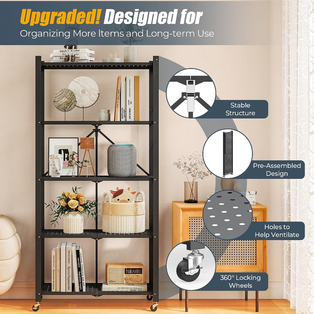 Storage Shelves with Wheels, 5 Tier Metal Collapsible Shelving Unit, Heavy Du...