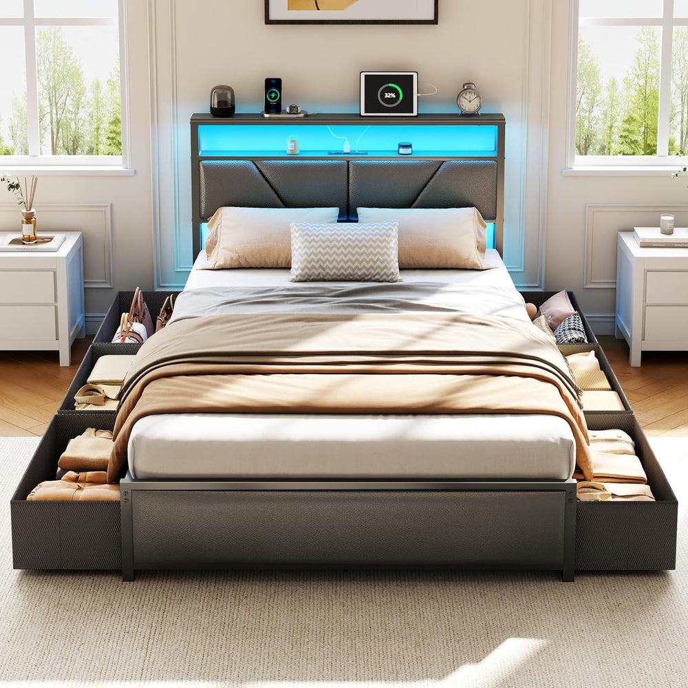 OURPIC Full Size Bed Frame with Storage Headboard, 6 Drawers, LED&Charging