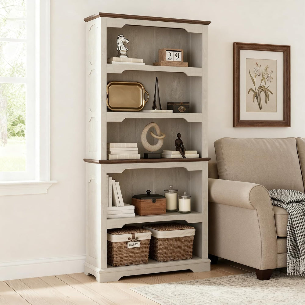 70'' Farmhouse White Bookcase Bookshelf, 5 Tiers Bookshelf with Arche...