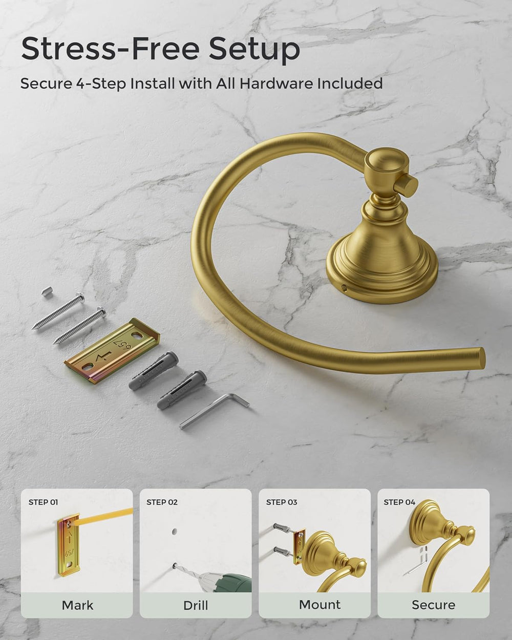 Gold Towel Ring Wall Mounted for Bathroom, Towel Holder 2 Pack