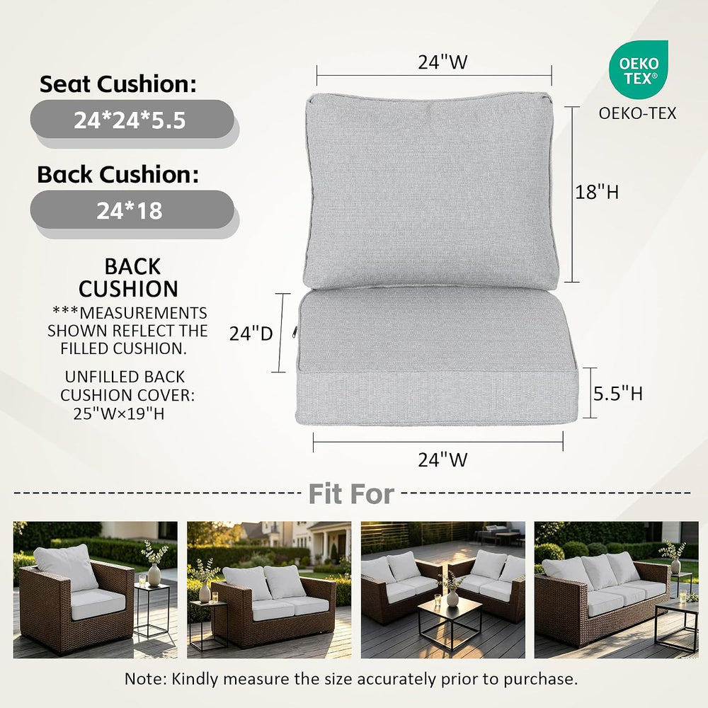24x24 Inch Outdoor Deep Seat Cushions Set of 2, Curved Cushion Cover, Flat Th...
