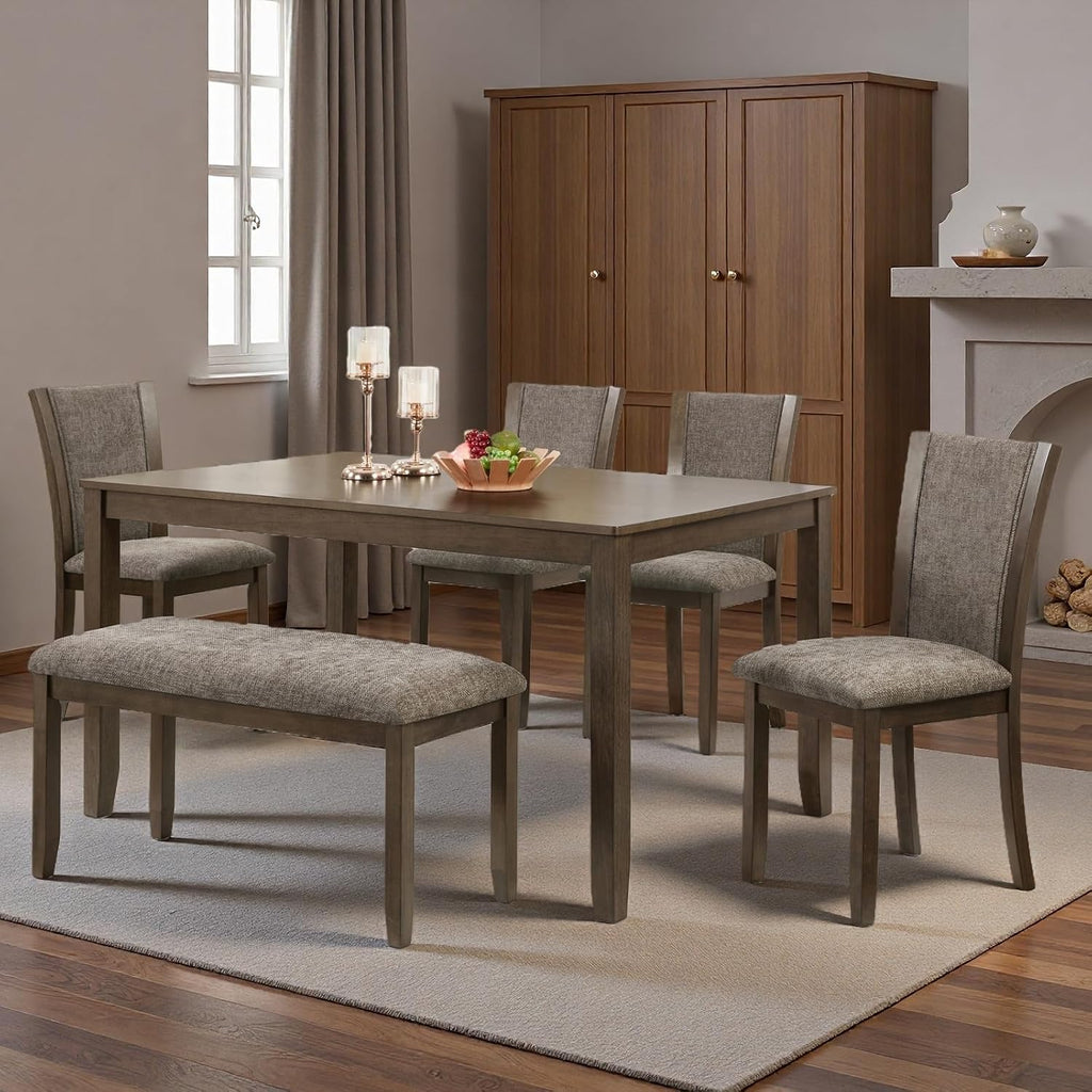 6 piece dining table set, farmhouse wooden dining, side view
