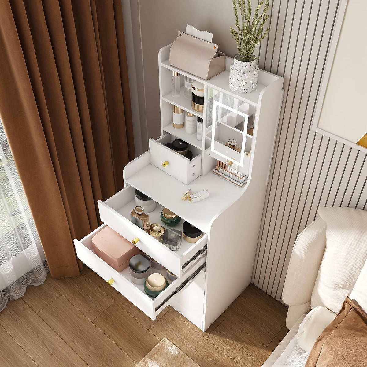 Runboll Compact Dressing Table with Storage Stool & Adjustable Lighted Mirror, 3-in-1 Small Makeup Vanity Desk with 4 Drawers & Open Shelves, for Small Space