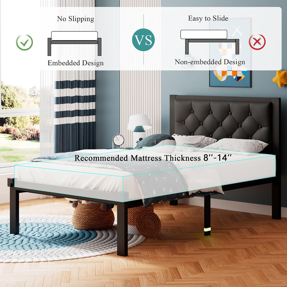 iPormis Twin Size Metal Bed Frame, Faux Leather Platform Bed Frame with Butto...