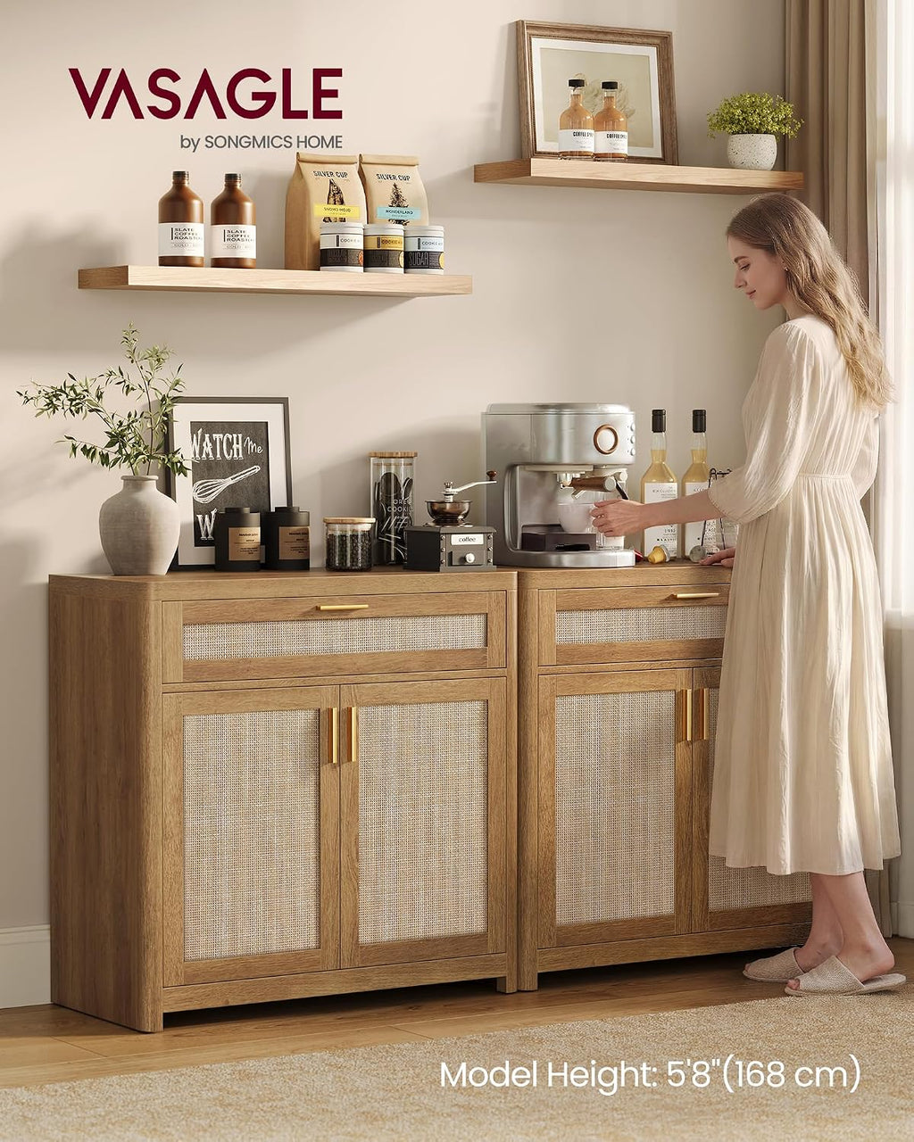 VASAGLE Boho Buffet Cabinet with Rattan-Look Doors, Adjustable Shelf
