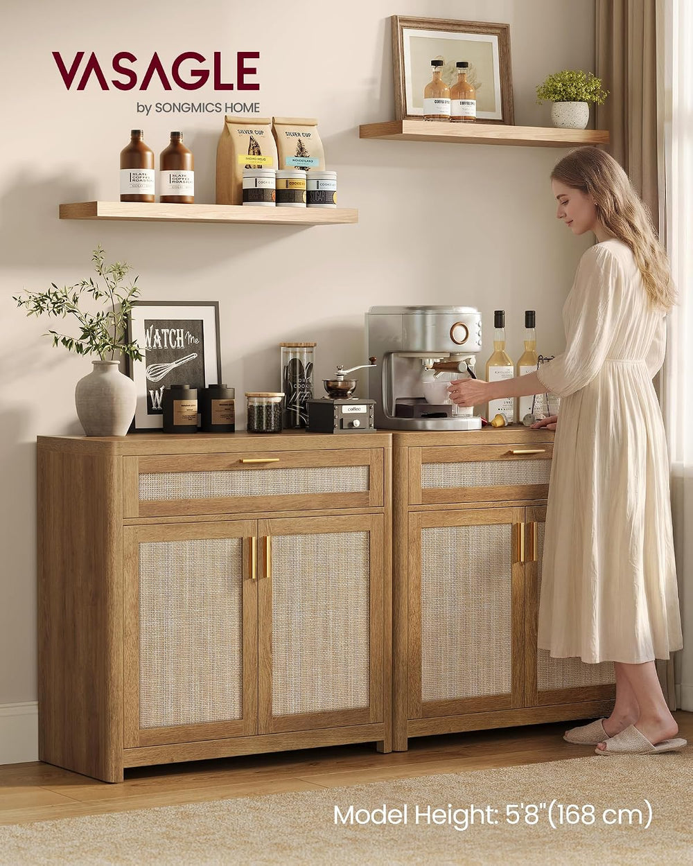 VASAGLE Boho Buffet Cabinets, Set of 2, with Rattan-Look Doors
