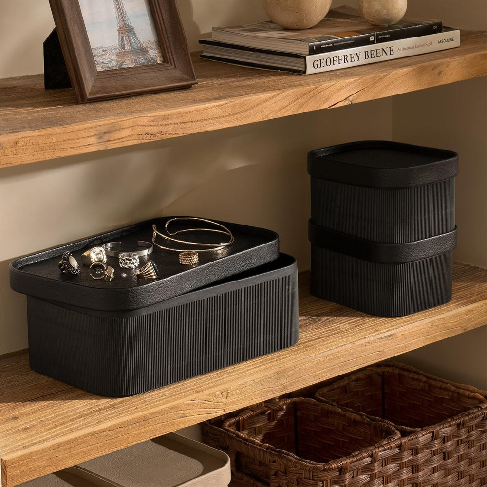 LA JOLIE MUSE Decorative Storage Boxes with Lids Faux Leather, Black 3 Pack