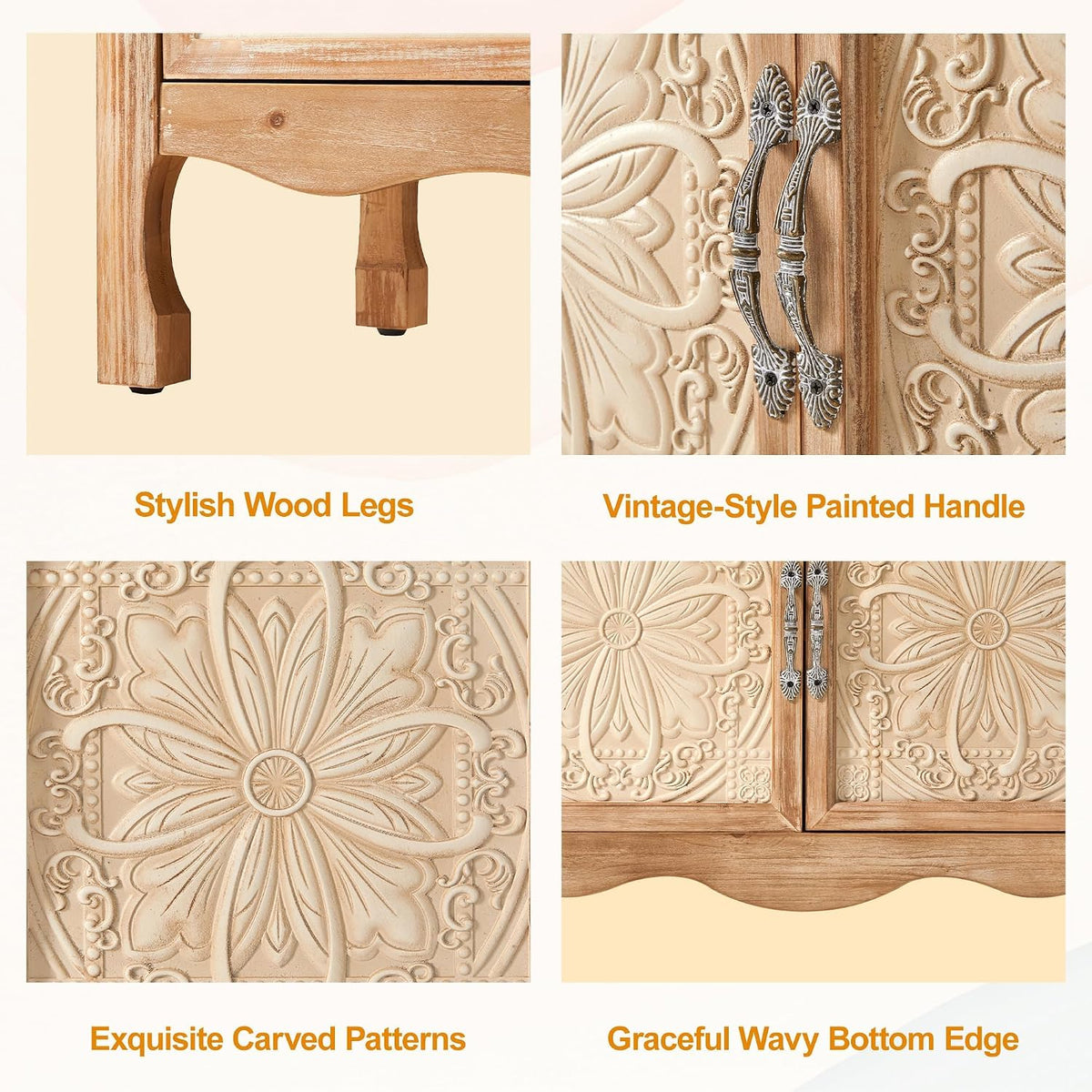 RoyalCraft Sideboard Buffet Kitchen Storage Cabinet, Solid Wood Credenza Accent Cabinet, Cupboard Console Table with 2 Craved Decorated Doors for Dining Room, Living Room, Hallway (Natural)