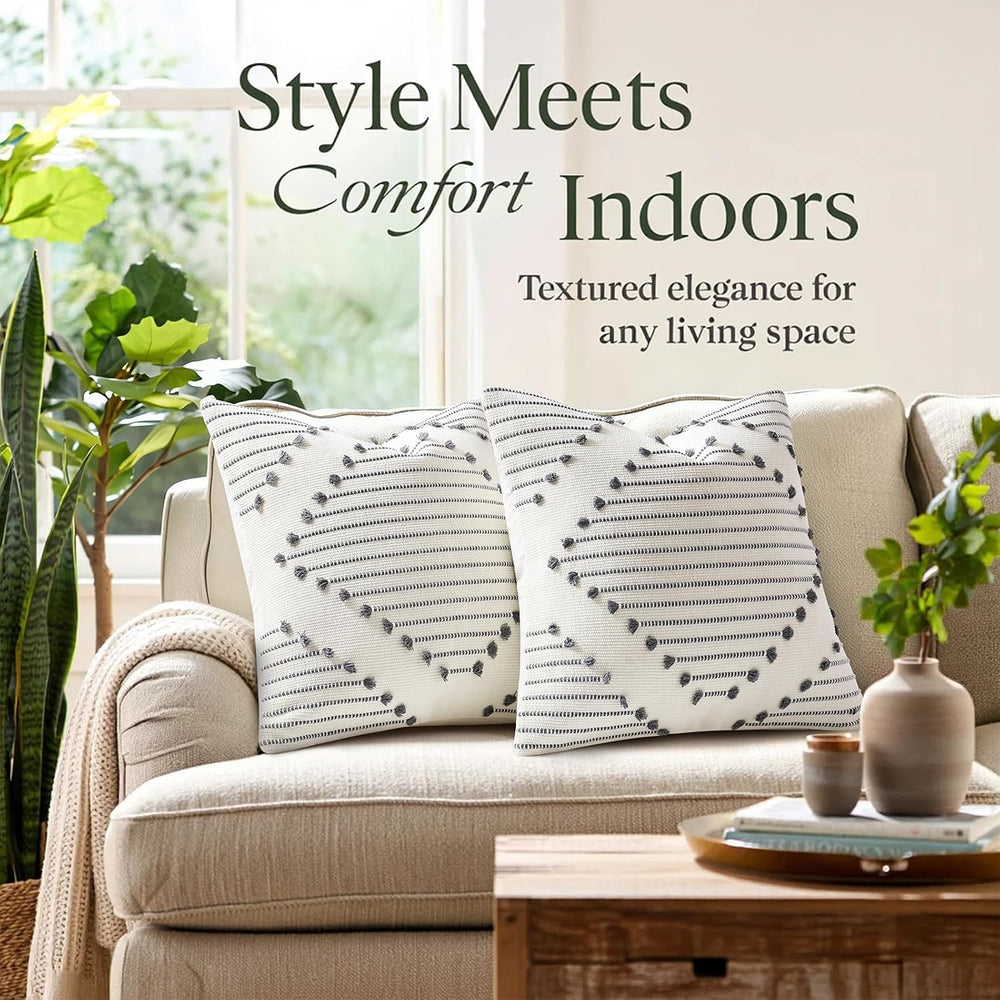 Mecatny Boho Outdoor Throw Pillow Covers 18x18 Set of 2 Grey & Cream White
