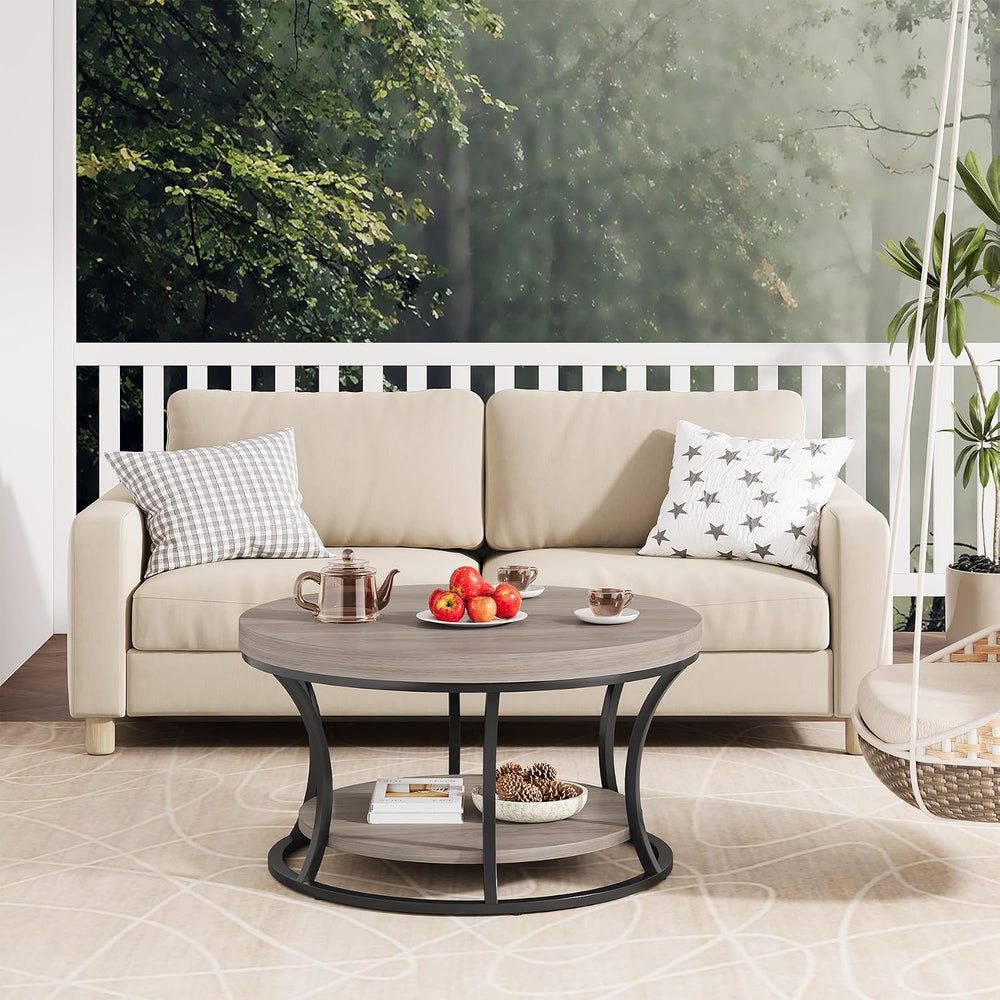 Round Coffee Table with Storage, Gray Brown/Black