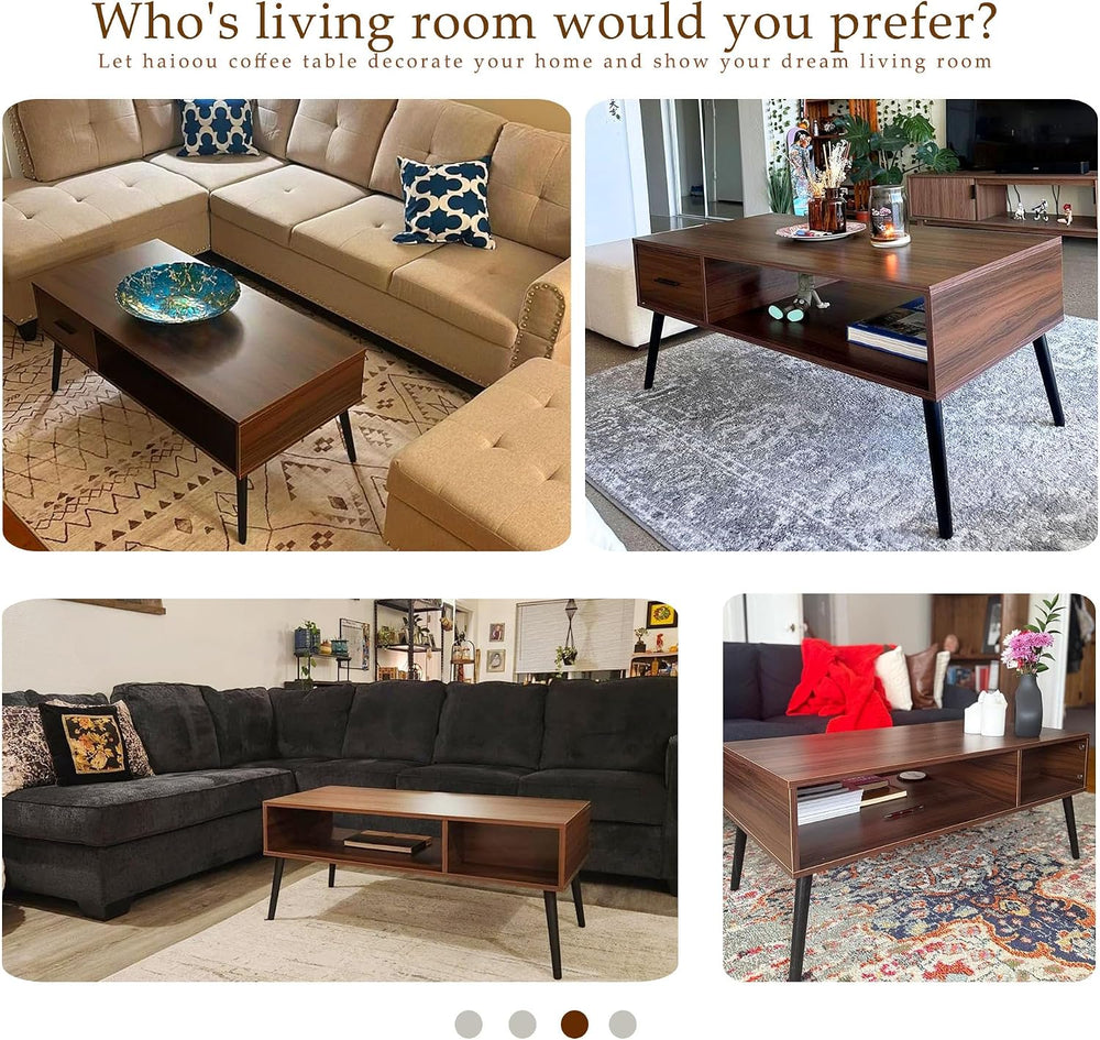 HAIOOU Mid Century Modern Coffee Table with Storage for Living Room -Walnut