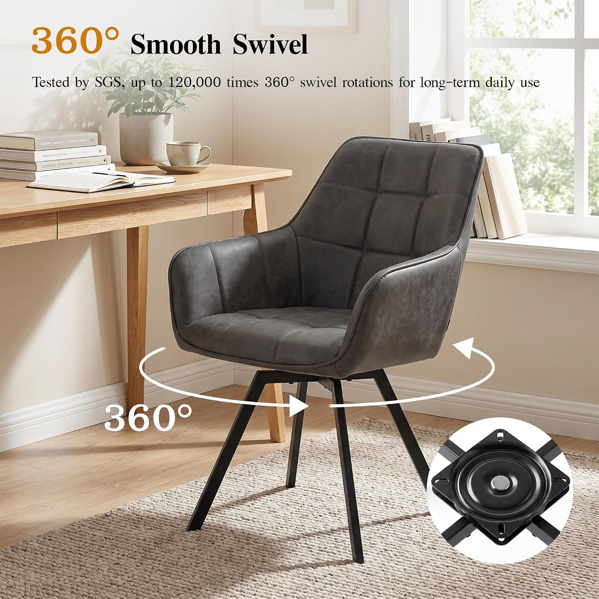 TUKAILAi Swivel Dining Chairs Set of 4, Faux Leather Dining Chairs with Arms & Metal Legs, Upholstered Mid Century Rotatable Kitchen Chairs for Living Room Bedroom Kitchen Restaurant (Grey)