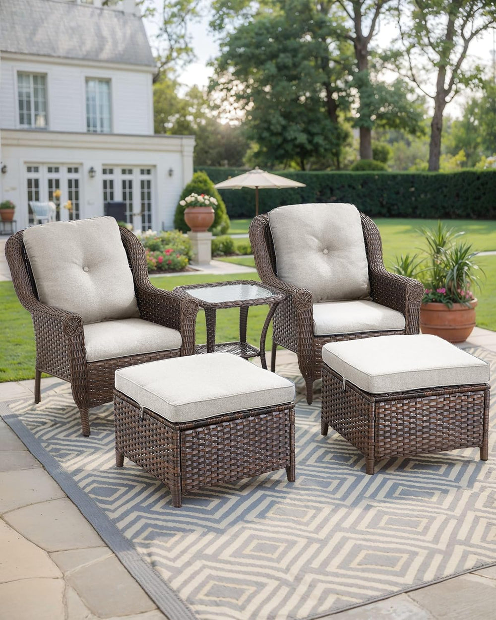 3 Piece Patio Brown Wicker Chairs with Side Table - Outdoor High Back Heavy D...