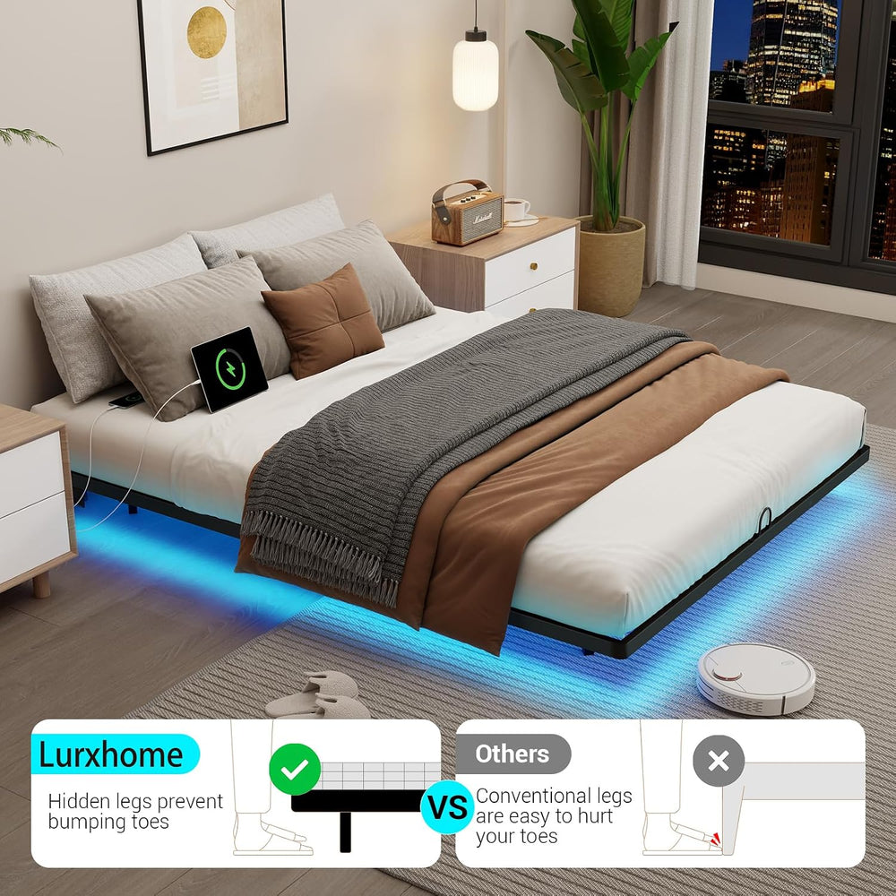 Queen Size Floating Metal Platform Bed Frames with Led & Charging Station