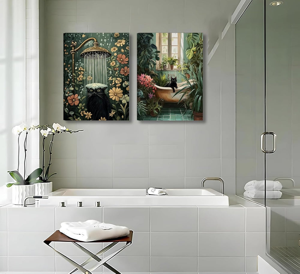 3pcs Framed Black Cat Bathroom Wall Art 12x16 inches Can Be Hung Directly