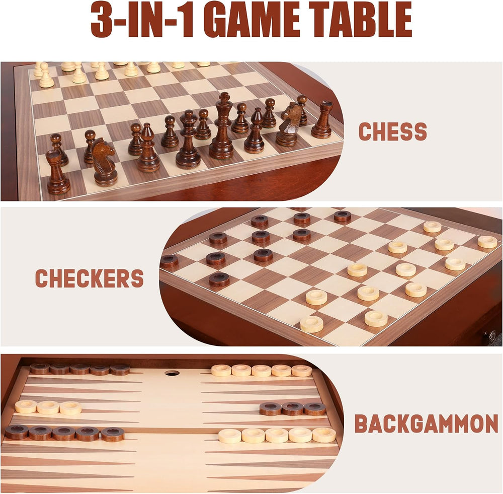 GSE Deluxe 3-in-1 Chess Checkers Backgammon Game Table Set with Game Pieces