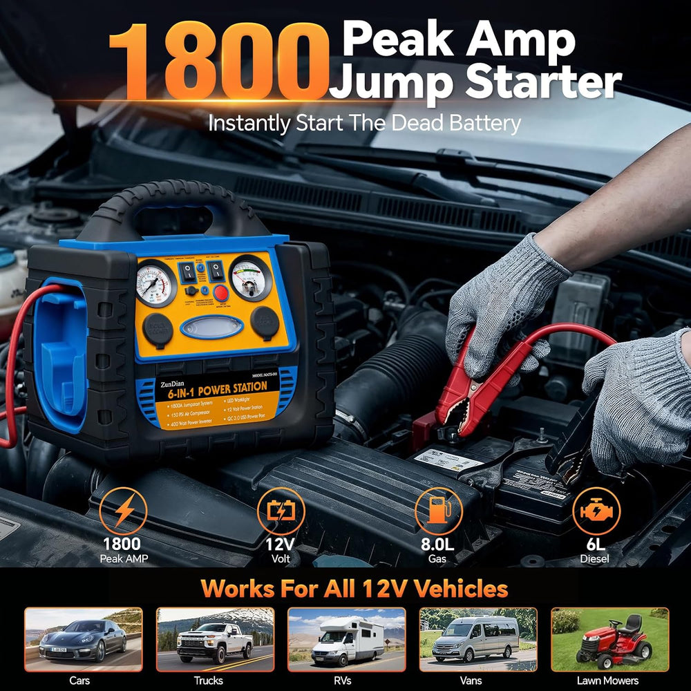 Car Jump Starter with Air Compressor, 1800A Battery Booster Pack for Up to 8....