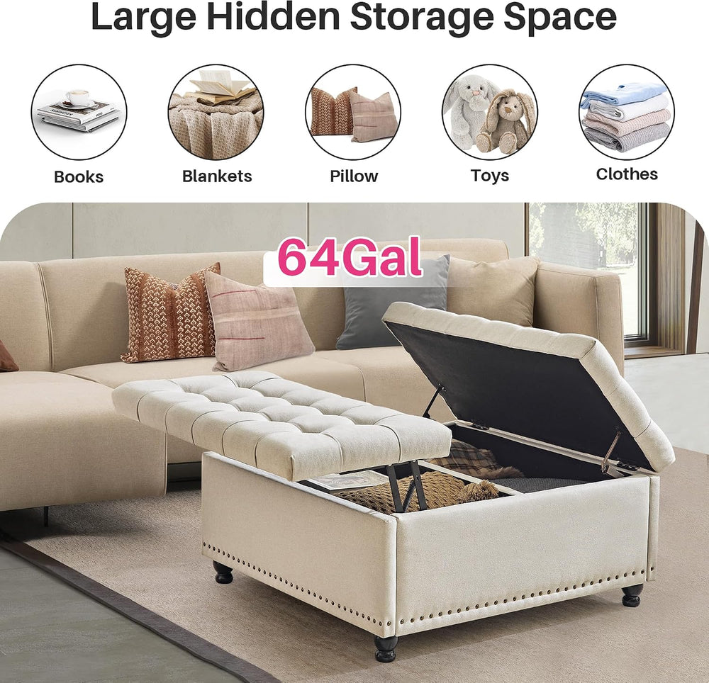 Redlife 35 Inch Large Square Storage Ottoman, Coffee Table Ottoman, Linen