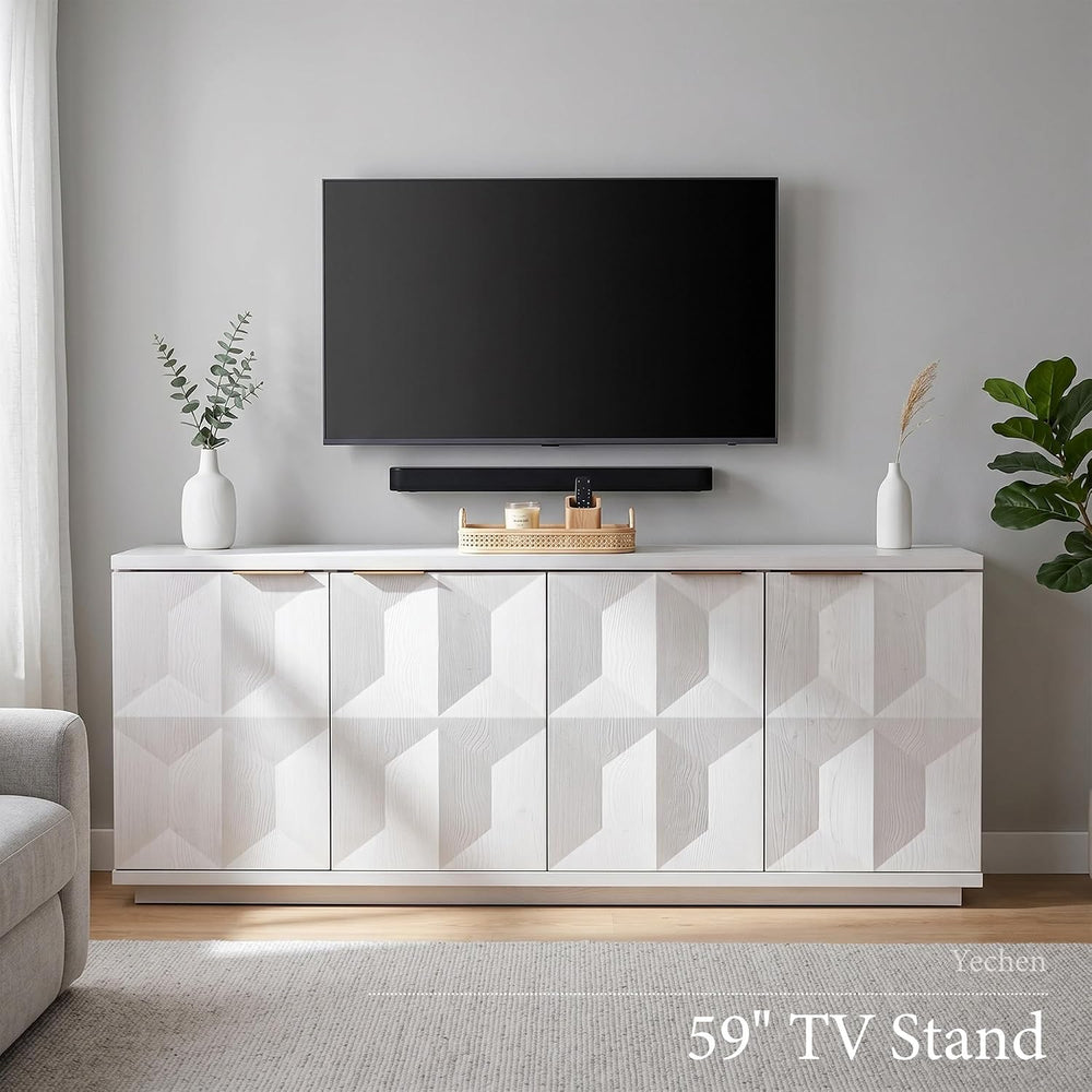 Yechen 59" W Sideboard Buffet Cabinet with 3D Geometric Doors, White Oak