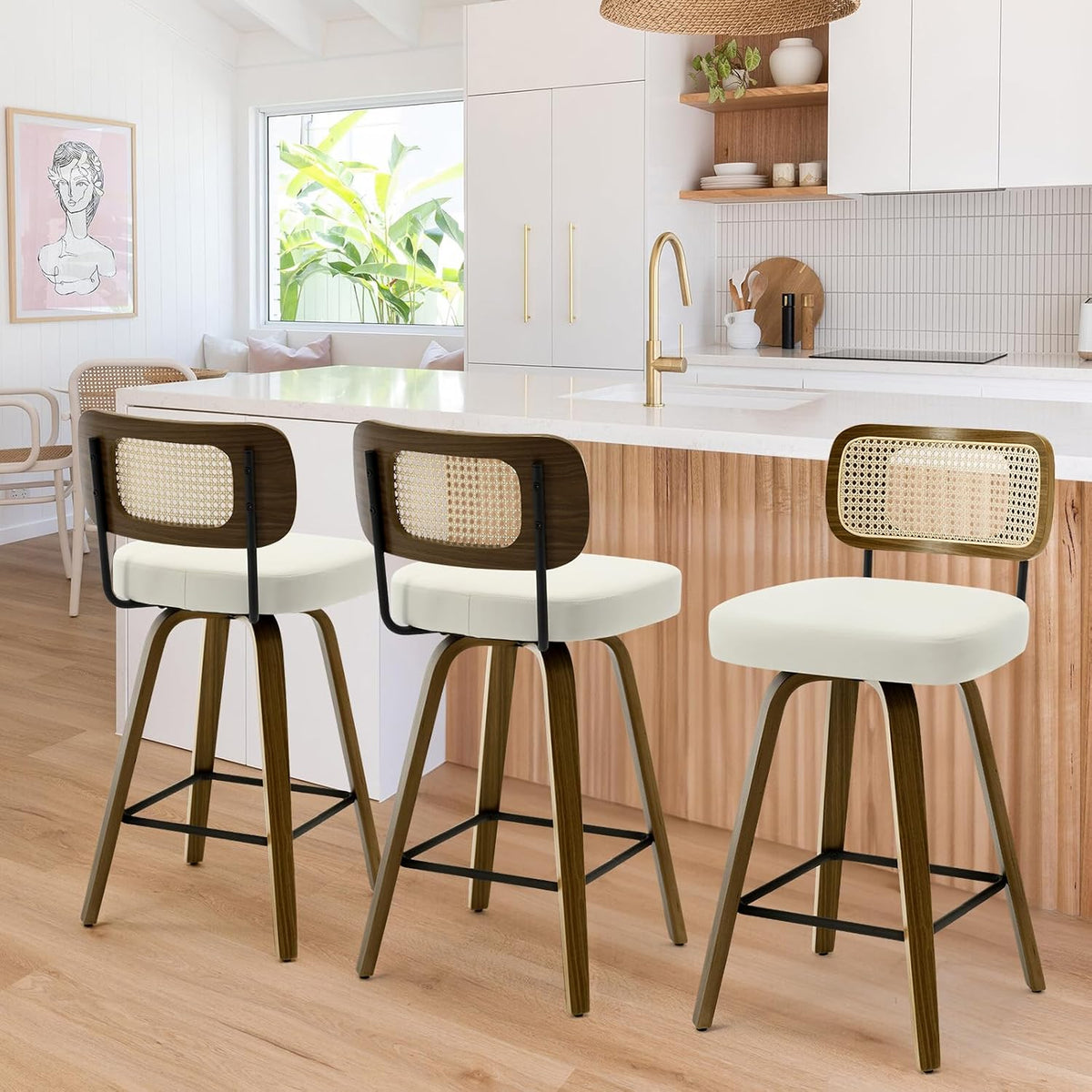 Bekrvio 26" Swivel Counter Height Bar Stools Set of 3, Cream White