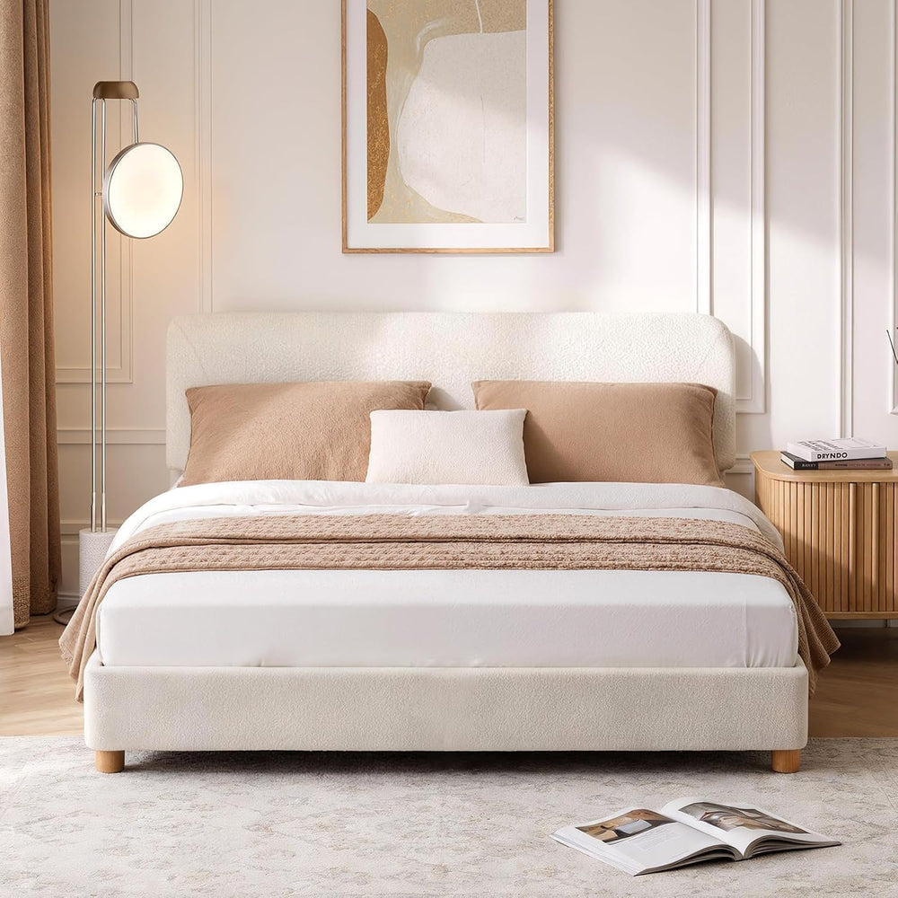 Full Size Cloud Bed Frame, Cream White Boucle Platform Bed, Upholstered