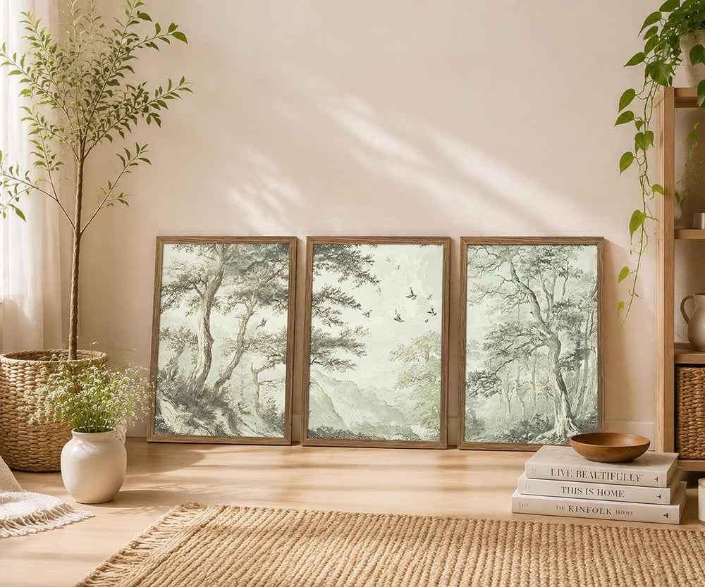 Botanical Forest Wall Art Set of 3 Framed, Vintage Neutral Canvas Prints