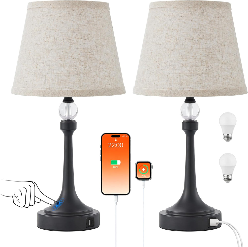 Touch Black Table Lamp Set of 2 with USB C+A Ports, Desk Lamp-19.7''
