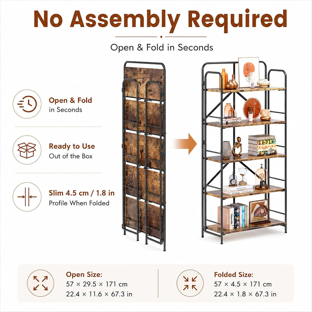 4NM No Assembly Folding Bookshelf, 5 Tier Collapsible Book Shelves Open Indus...