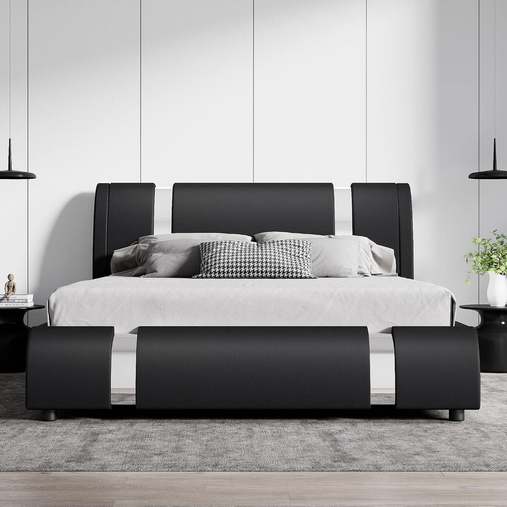 SHA CERLIN Queen Bed Frame with Iron Pieces Decor, Faux Leather, Black