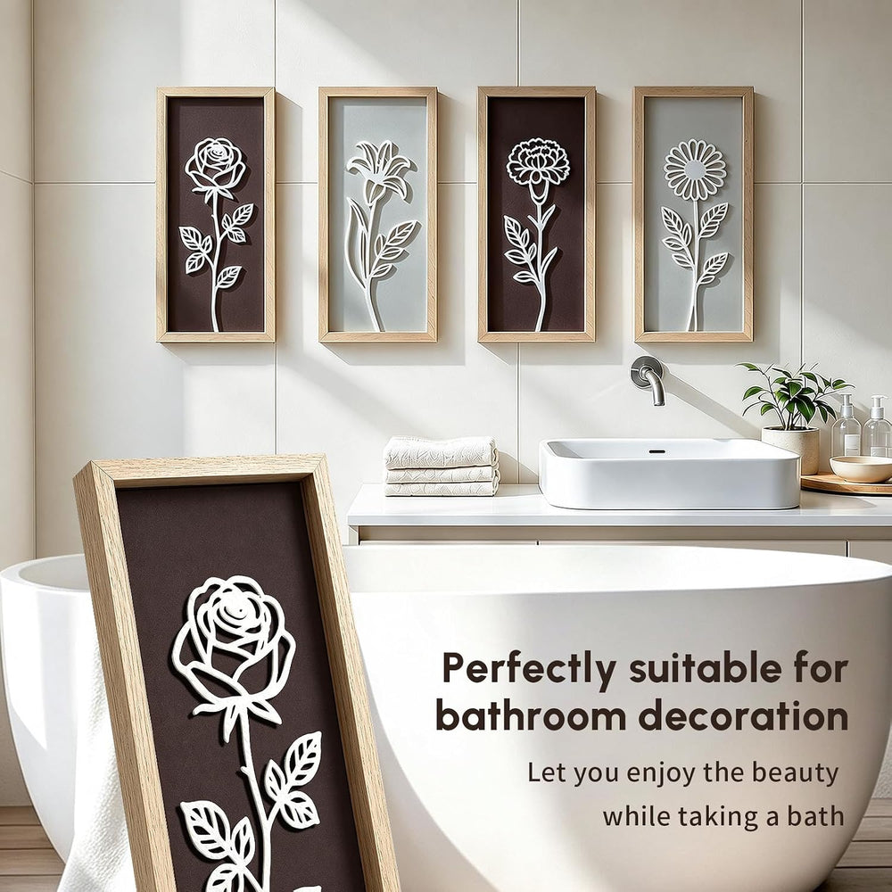 3D Wooden Floral Framed Wall Art Set of 4,16x7 Inch Boho Wall Decor