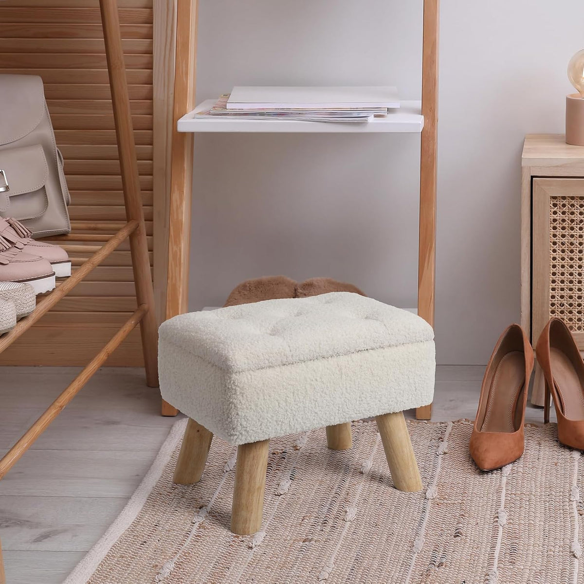 OGEMXU Storage Ottoman, Small Foot Stool Ottoman with Storage, Boucle Teddy Velvet Foot Rest with Padded Seat, Sturdy Wood Legs Stool for Living Room, Bedroom, Couch, Enterway (Cream)