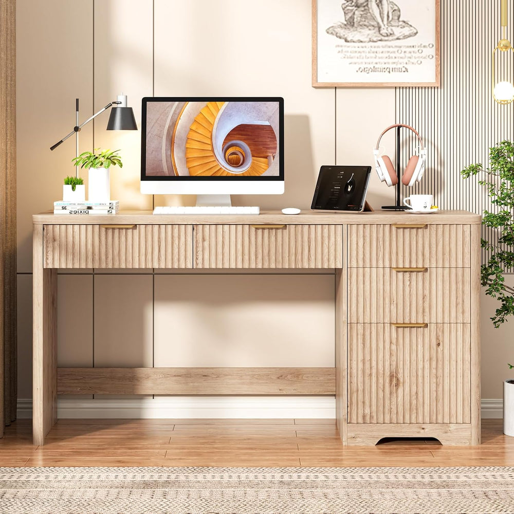 Vabches 59" Fluted Executive Desk with Adjustable File Drawer, Oak