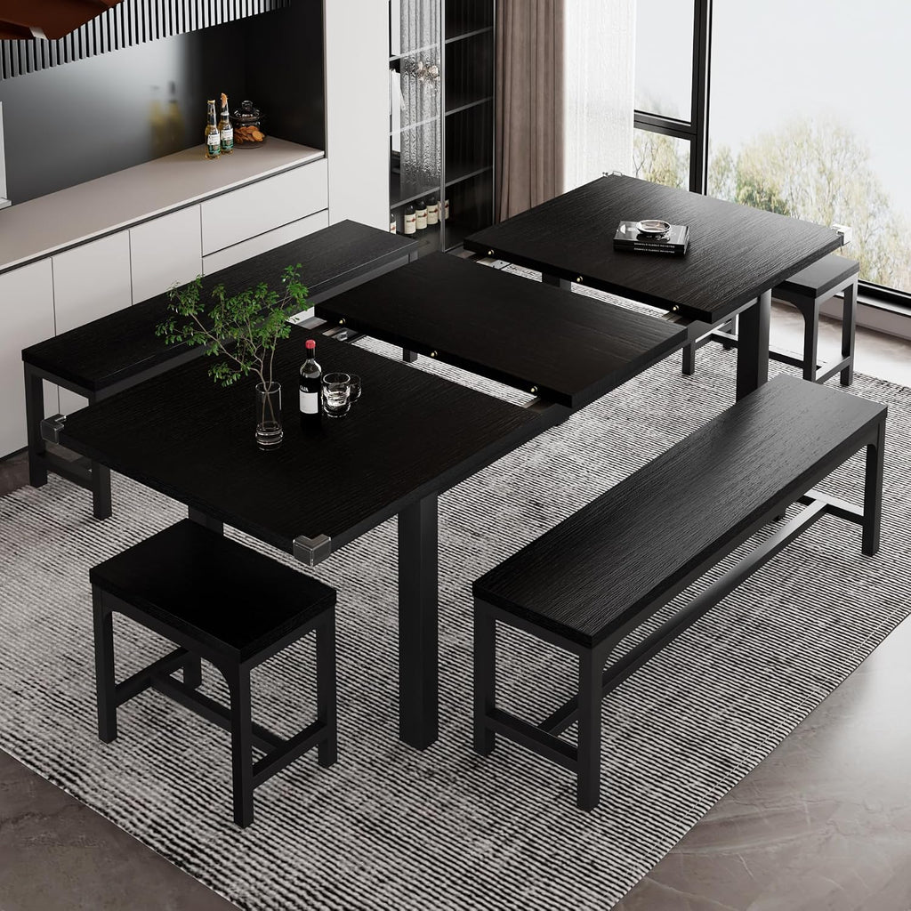 iPormis 5-Piece Dining Table Set for 4-8 People, Extendable Kitchen Table Set with 2 Benches and 2 Square Stools, Mid-Century Dining Room Table with Metal Frame & MDF Board, Saving Space, Black