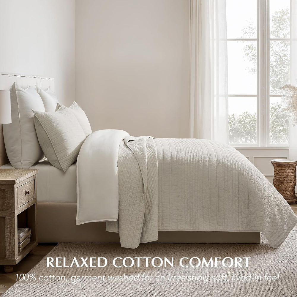 EVERGRACEHOME 100% Cotton Modern Lines Quilt Set King Size, Birch