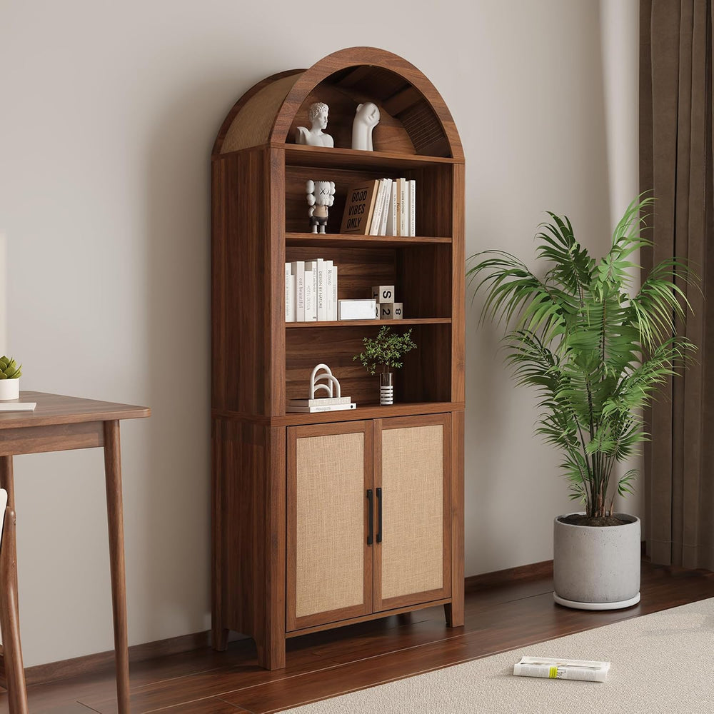 Janmer Home 71" Tall Boho Rattan Arched Bookcase with Doors,Walnut