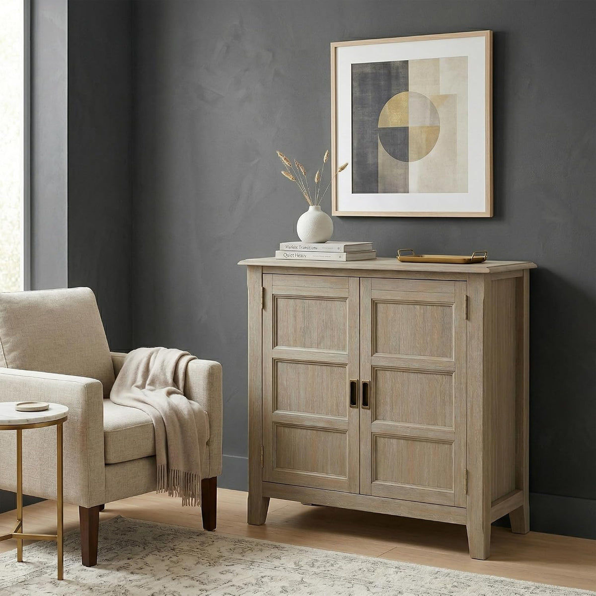 SIMPLIHOME Burlington 30" Wide Solid Wood Cabinet in Distressed Grey