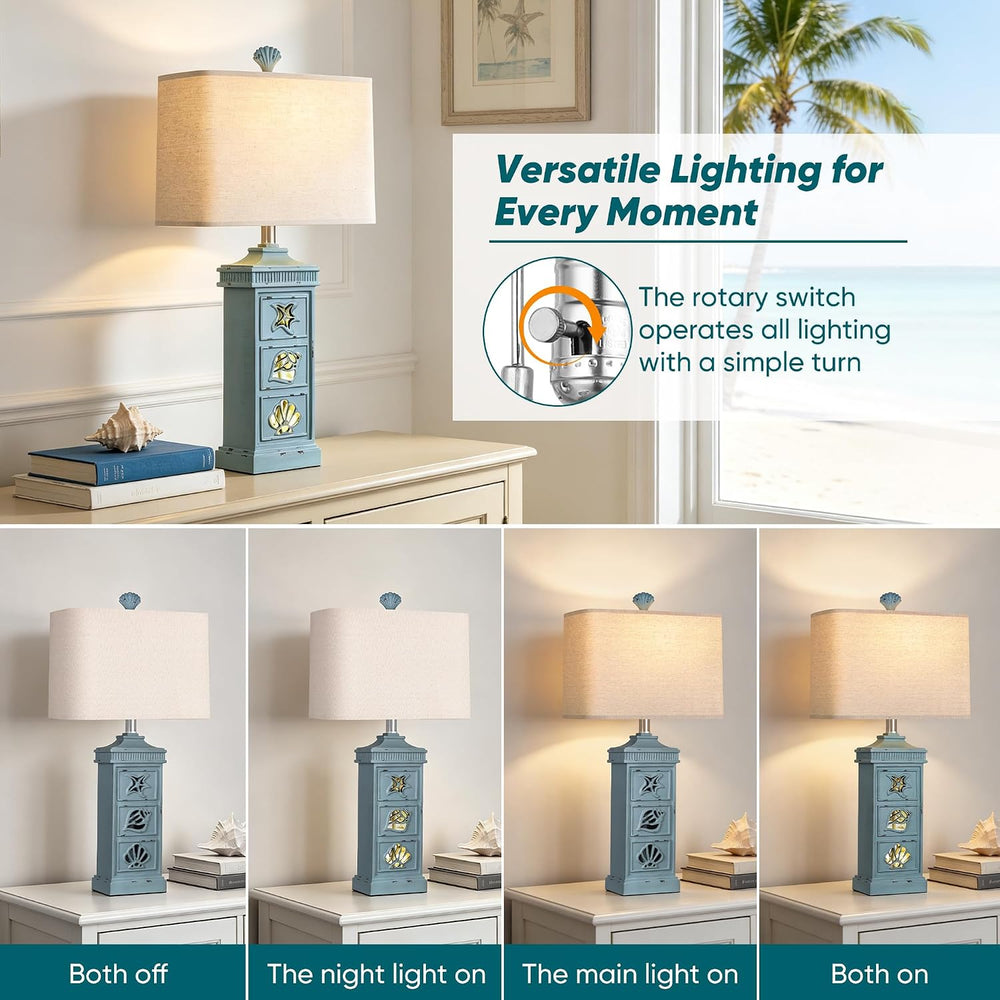 Hamucd Coastal Table Lamps for Living Room Bedroom Set of 2 with Nightlight