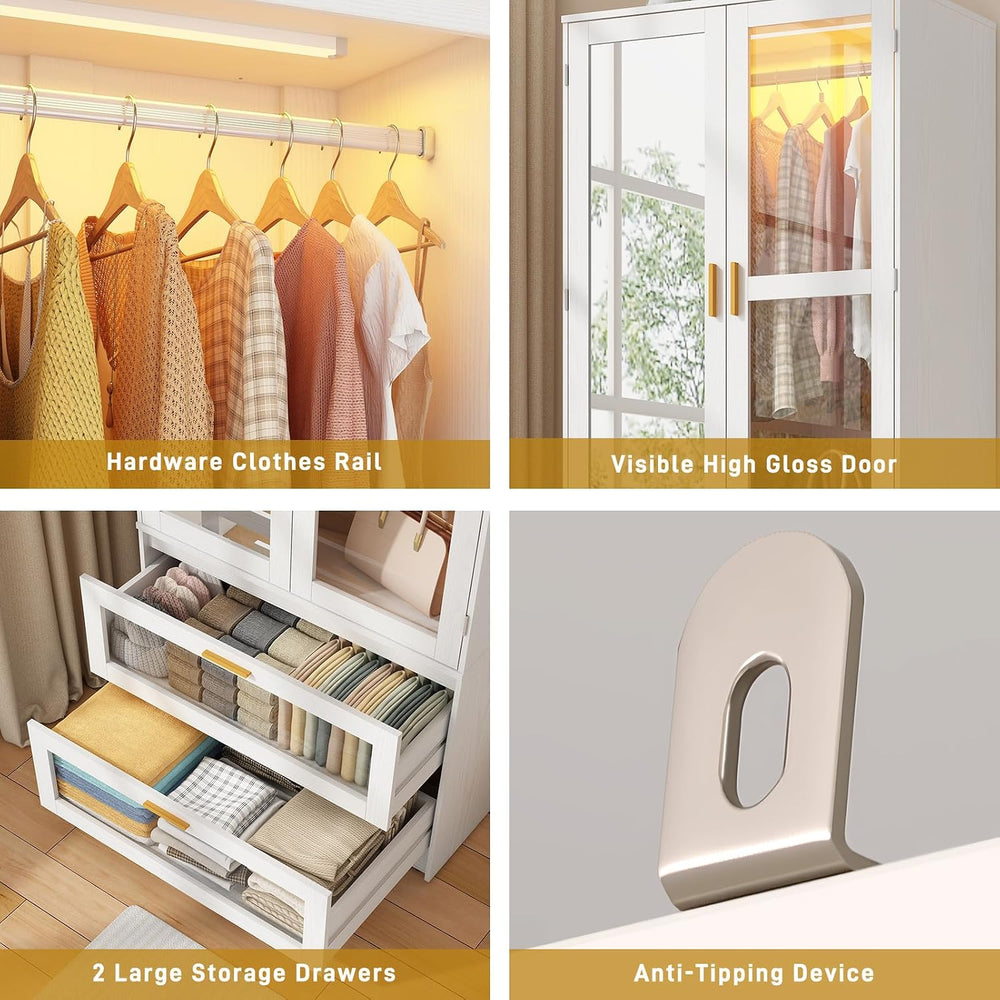 2 Doors Armoire Wardrobe Closet with LED and Mirror,71" H Freestanding W...