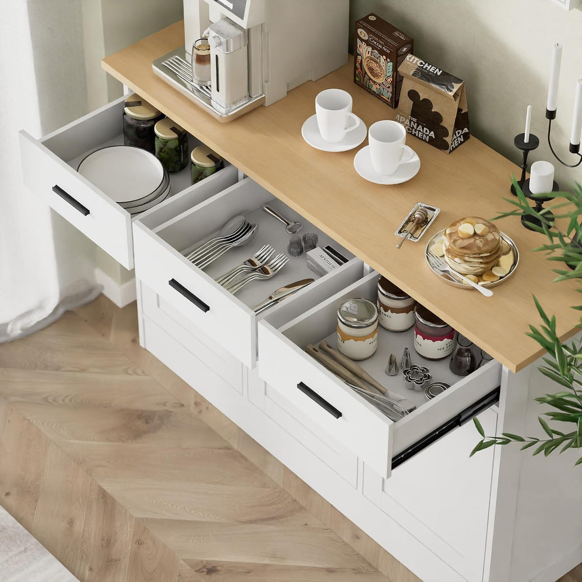 Buffet Cabinet with Storage - Buffets & Sideboards Kitchen Storage Cabinet, Wood Console Table Coffee Bar Accent Cabinets for Living Room Dining Room Entryway Large 3 Doors & Drawers, White 47.2"W